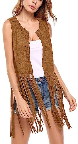 Fulidngzg 70er Jahre Bekleidung Damen Schlagerparty Fransenweste Hippie Kleidung Western Mode Weste Braun Steampunk Festival Outfit Disco Cowboy Karneval Mädchen Faschingskostüme Oberteil