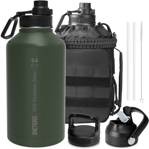 OneTigris Botella de agua de acero inoxidable, botella deportiva de alta capacidad de 2 litros con buen efecto de aislamiento para ciclismo, camping, yoga, gimnasio, airsoft, OD verde, 64OZ