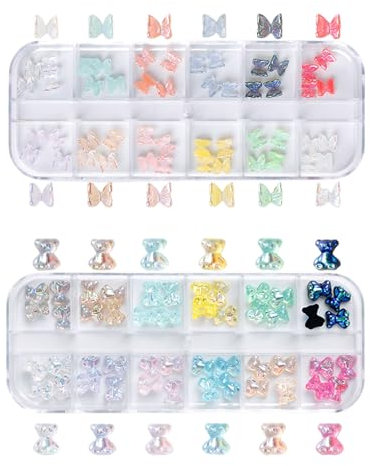 3D Nail Charms, 2 Boxes Clear Aurora Butterfly Teddy Bear Nail Art Charms Nail Rhinestones and Gems for Nail Art Decoration DIY Crafts (D)
