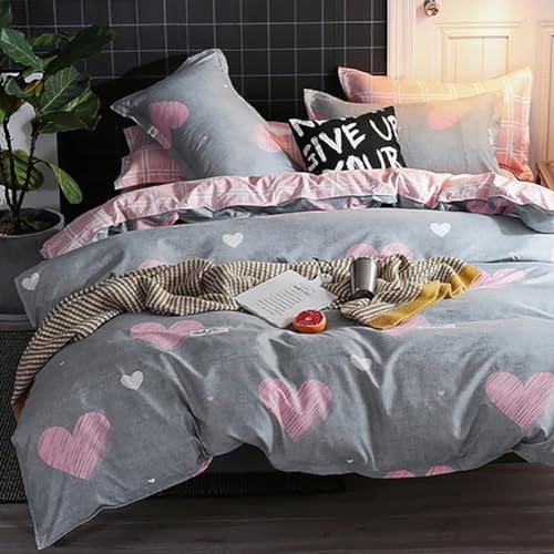 Michorinee Housse de Couette Cœur 220x240 Rose et Gris avec 2 Taies d'oreiller 65x65 cm Parure de Lit Réversible avec Fermeture Éclair - Sets Linge de Lit 2 Personnes Adulte en Microfibre