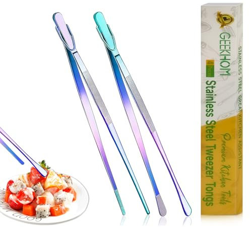 GEEKHOM Pinzas finas y largas, pinzas de cocina de acero inoxidable de 12 pulgadas, pinzas de chef profesionales para cocinar, asar, reparar, barbacoa, mariscos, carnes, ensaladas, barbacoas, postres,