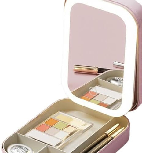FOUDAY Integrated Makeup Storage Box with Light-Filling Mirror, Touch Control LED Makeup Mirror, Travel Makeup Bag with Lightweight, Wear-Resistant and Robust (Pink)