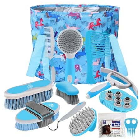 Harrison Howard Pferdepflegeset 11-teilige Pferdepflegeserie Pferdebürsten-Sets mit Organizer Tragetasche Sattelkammer Zubehör Haarausfall Körperpflege Massagewerkzeuge Blaue Pinselstriche Ponys