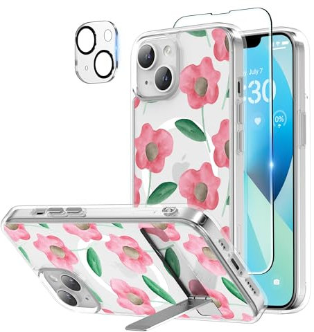 Niunisi Floral Case for iPhone 13 Case with Stand, Slim Kickstand with Screen Protector Compatible with Magsafe Pattern Cases Phone Case Cover 6.1 Inch, Pink Sunflower