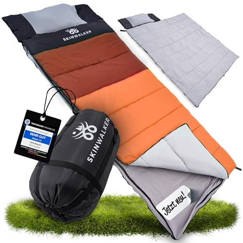 SkinWalker Schlafsack [Kleine Größe bis 1,65m Körpergröße] 3-4 Jahreszeiten mit abnehmbaren Polarfleece + Kopfkissen [-18°C bis +15°C] Winter + Sommer Deckenschlafsack Camping Jugendliche (rot-orange)