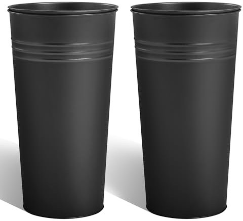 KOL 63,5 cm hoher verzinkter Stahl-Pflanztopf mit Wasserstandsanzeige, selbstbewässernder Pflanztopf für Pflanzen, runder Pflanzkasten aus Pulver, Metall, für drinnen und draußen, Schwarz