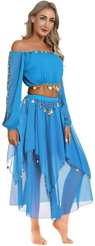 Yruioon Damen Bauchtanz Kostüm Set Langarm Crop Tops mit Chiffon Rock Bauchtanz Kleid Bauchtänzerin Indische Tanzkleidung Himmelblau Einheitsgröße