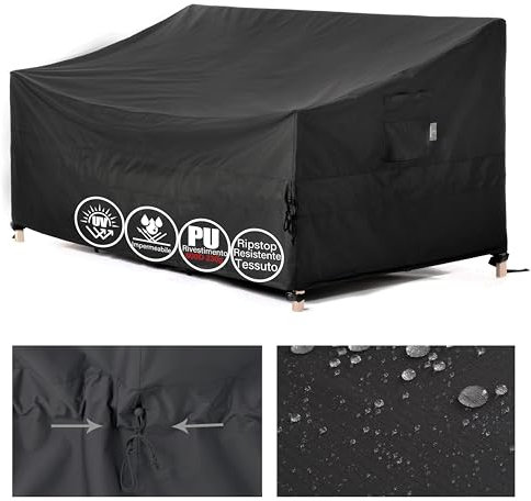 F&J Outdoors Gartensofa Abdeckung Wasserdicht Bank Abdeckungen 3-4 Sitzer Patio Stoff Sofa Abdeckungen Outdoor-Möbel Cinched Taille Winddicht Protector Schwarz,234x107x66/107cm
