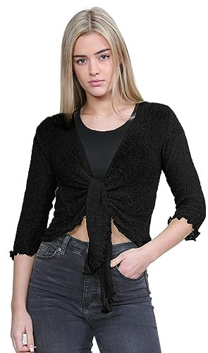 Hamishkane® Women’s Shrugs, Double Fine Knit Bolero Cardigans for Women, 3/4 Sleeve Tie Front Top, Stretchy Cropped Cardigan, Ladies Evening Tops, Lightweight Summer Shrug Black