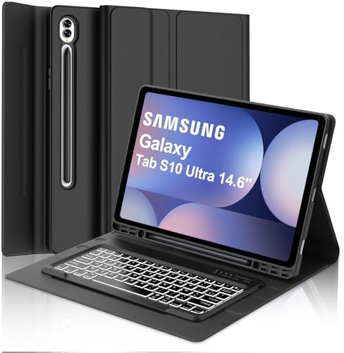 IVEOPPE Clavier Samsung Galaxy Tab S19/S10 Ultra 14.6, Français AZERTY, Coque Clavier Rétroéclairé 7 Couleurs Détachable Bluetooth pour Samsung Galaxy Tab S10 Ultra 14.6 Pouces 2024, Noir