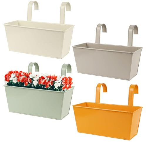 BOFUNX 4 Stück Hängende Blumentöpfe für Balkon Geländer Zaun Garten - Metall Blumentöpfe zum Aufhängen Pflanzentöpfe Hängetöpfe Balkontopf mit Abnehmbarem Haken 26cm×9,5cm×13cm