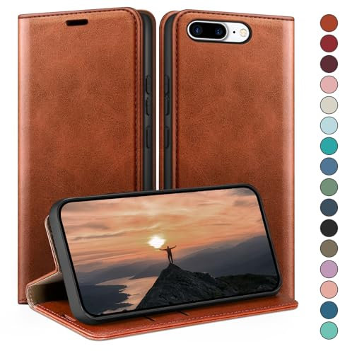 HUOUH für iPhone 7 Plus/8 Plus 5.5 Hülle mit RFID Schutzhülle aus Lederhülle Handyhülle,Kartenfach Leder ständer Handy hülle,360 Grad Schutz Cover für Apple 7 Plus Klapphülle Wallet Case Hellbraun