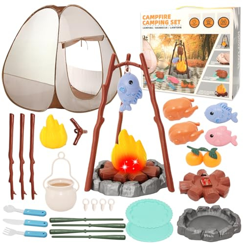 Kids Play Tent with Campfire Set - Pretend Play Camping Toys for Children Ages 3-8 Years, Includes Play Food, Utensils & Cutting Toys for Indoor/Outdoor Role Play, Garden Camping Gift for Boys & Girls