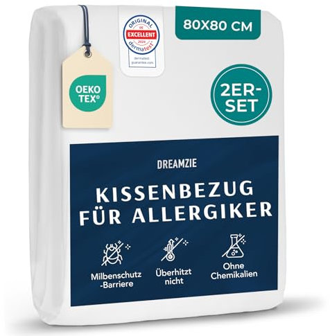 Dreamzie - 2er-Set Kopfkissenbezug Milbenbezug 80x80 Bezug - Allergiker Bettwäsche - Kissenschoner 80x80 cm Hausstaubmilben Bekämpfen - Allergiker Kissenbezug fachärztlich getestet