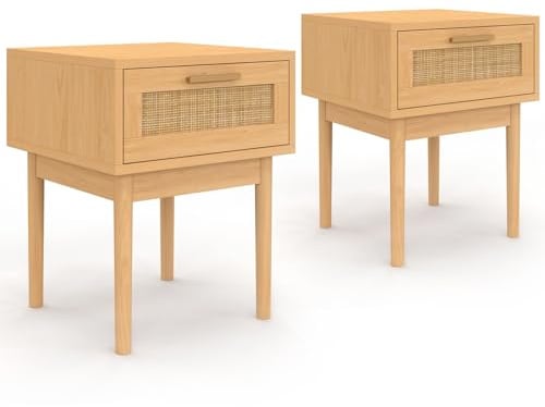 IDMarket - Set aus 2 Nachttischen Robert 1 Schublade mit natürlichem Effekt aus Rohrgeflecht und Holz