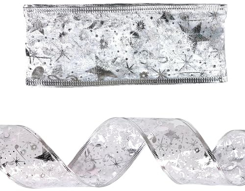 FILOEEX Weihnachten Schleifenband,Schneeflocke Organzaband,Gold Glitter Organza Geschenkband für Dekoratives Geschenk, Kranz,Handwerk,Weihnacht,Weihnachtsbaum Deko,2.5cm*5m (Silver)