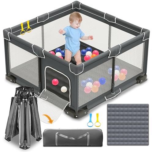 Hushluff Laufstall Baby Faltbar, Laufstall mit Matte & Sicherheitstür, 124x124cm Laufgitter Baby für Innen/Außen