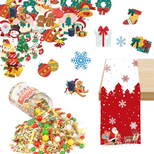 102 Stück Weihnachten Essbare Tortendeko Set, 85g Streudeko Weihnachten Essbar mit weihnachten Muffin Deko Essbar und Tischläufer WeihnachteN