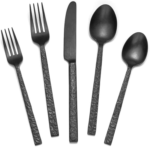 HIKAA 18/10 Besteck Schwarz Matt, Besteck Set 4 Personen Gehämmert | Essbesteck aus 20-Teiliges Edelstahl Besteckset, Cutlery Set für zu Hause und Restaurants, Spülmaschinenfest