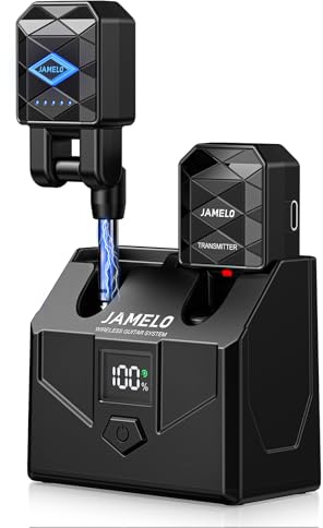JAMELO Kabelloses Gitarrensystem mit Ladekoffer, Gitarrensender Empfänger geringer Latenz <5 ms, 15 Std. Laufzeit，wiederaufladbares Gitarren Klinkenkabel, 4 Kanäle für Gitarre Bass（WS-200）
