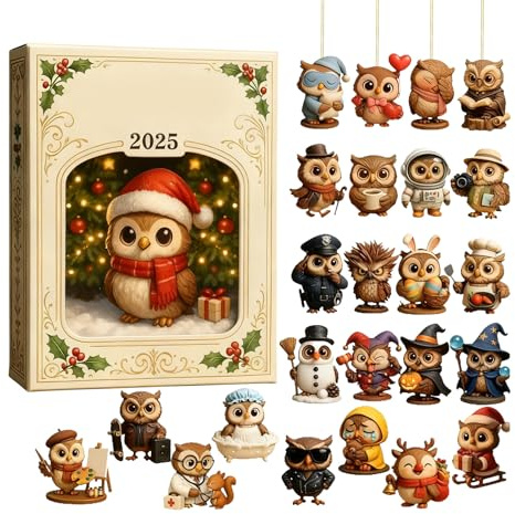 Adventskalender 2025 Eulen, Eulens Ornament Countdown Kalender, Mit 24 Einzigartigen Eulen-2D-Flachacrylanhängern, Für Weihnachtsanhänger Und Feiertagsgeschenke