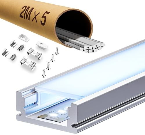 GEEKLUX 5 x LED Profil für Streifen 2 m (10 m), LED Schiene Aluminium für Trockenbau, geeignet für LED Stripes bis 12 mm Breite, Maße: 17.4 x 7 mm, Einbau für Fliesen, Gipskarton, Holzpaneele