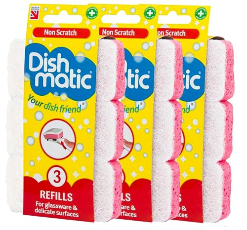Dish Matic Refill Sponges 9 Pack - Heavy Duty Non Scratch Refill Sponges Cleaning Scourer General-Purpose Washing-Up Sponge Refill Head for Kitchen Sink and Bathroom