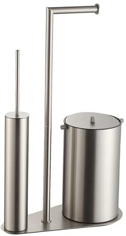 DAZI Porte-Papier Toilette autoportant avec Brosse et Poubelle, en Acier Inoxydable, 2 têtes de Brosse, en Silicone et polypropylène, pour la Maison et Les Toilettes d'invités (Nickel Brosse)