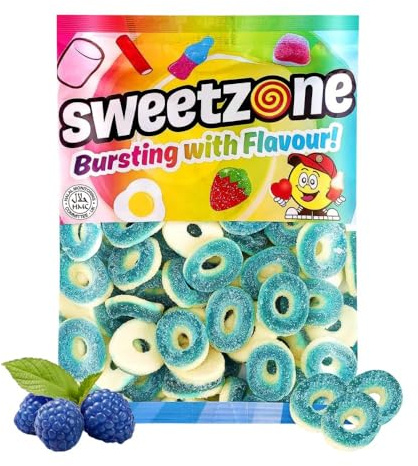 Sweetzonesweets Fizzy Blue Raspberry Rings 1kg x 1, Halal Sour Gummies, Chewy Fruit Candy Snack, Tangy Flavour Party Treats with Welari Thank You Card | (1 Pack)