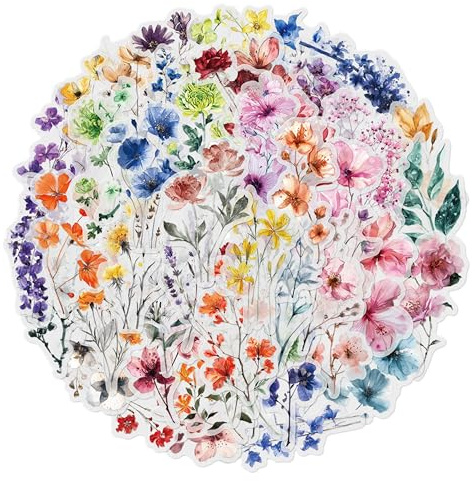 FloraVigo Aufkleber 50 Transparente Blumen Aufkleber, Wasserfeste Vinylaufkleber, geeignet für Frauen, Erwachsene, Kinder und Lehrer, ein Muss für DIY-Dekorationen.