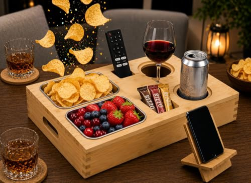 Zedelmaier Couchbar Snackbox mit Fächern, Couch Organizer, Bambus | 2 Snackschalen aus Edelstahl, 2 Getränkehalter, Handyhalterung, 2 Fächer; Sofatablett für Sofa, Bett, Tisch und Camping