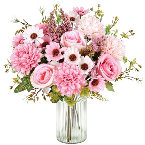 Bouquet de Fleurs artificielles Roses 4 pièces avec Dahlias et Marguerites | Fleurs en tissu sans entretien pour vase décoration de table mariage DIY intérieur et extérieur abrité