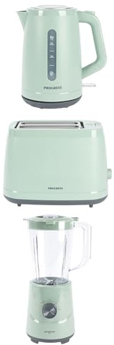 Progress Neutrals Kettle, Toaster & Blender Set – 1.7L Fast Boil Kettle 3000W, 2-Slice Toaster 900W with 6 Browning Levels, 1.5L Jug Blender 500W, Smoothie Maker, Matching Appliance Set, Sage Green | Fast boil, 360 degree swivel base, removable limescale filter, boil dry protection, 6 browning levels, defrost reheat cancel