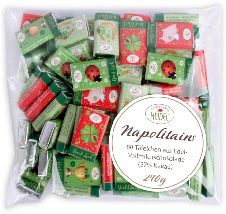 Heidel Napolitains Viel Glück 240g | aus Edelvollmilchschokolade, Choco Minis Schokotäfelchen, ideal als Geschenk für Weihnachten, Silvester, Geburtstag