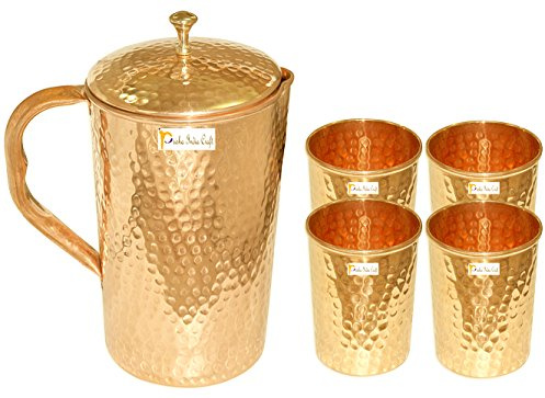Indische reines kupfer krug mit 4 becher glas gesetzt für ayurvedische heilung, kapazität 1,6 liter