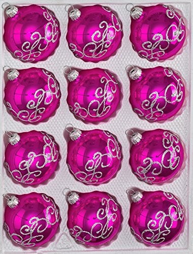12 TLG. Glas-Weihnachtskugeln Set in Hochglanz-Pink-Silberne-Ornamente - Neuheit - Christbaumkugeln - Weihnachtsschmuck-Christbaumschmuck
