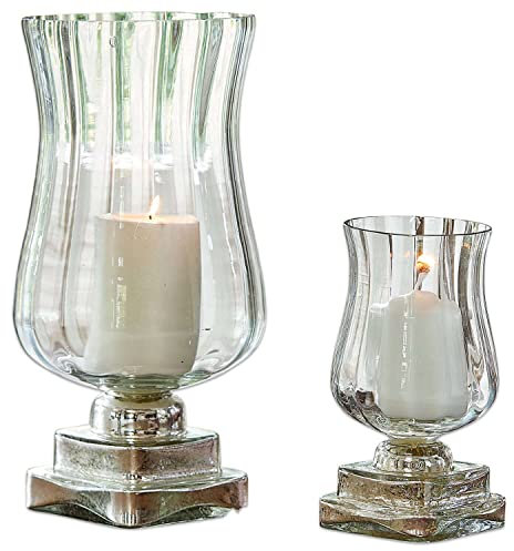 Loberon Windlicht 2er Set Lumio, Zwei Größen, Pokalform, Mundgeblasen, mit Rillenstruktur, für Teelichter oder Stumpenkerzen, Kerzenhalter, Dekoration, Glas, klar/Silber
