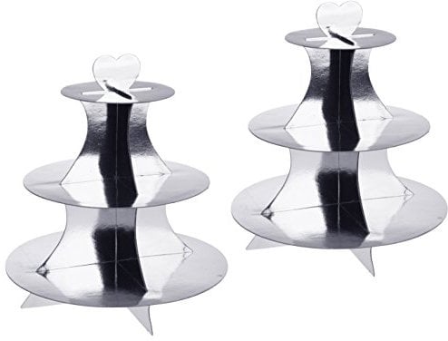 2 Stück Cupcake / Muffin Ständer mit 3 Böden, Etagere 3 Stöckig aus Pappe in Gold und Silber (2x Silber)