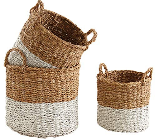 AUBRY GASPARD - Cache-Pots Ronds Jonc de Mer Naturel/Blanc - Lot de 3 - Ø 26-36 cm - Hauteur 25-32 cm - Poignées Transport - Idéal Plantes Intérieures/Extérieures - Poids 2 kg