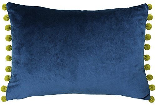 Paoletti Fiesta Rectangular Cushion Cover – Faux Velvet with Pompom Edges (Indigo/Olive – 35 x 50cm)