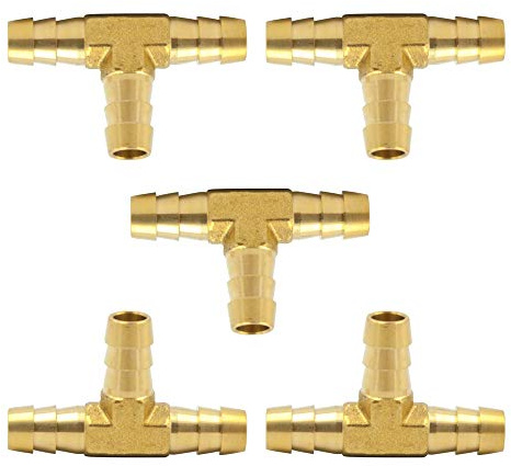 Brass Hose Barb Fitting, Tee, 1/2 barbed x 1/2 Barbed x 1/2 Barbed T-fitting 3-way Connector Pack of 5 (123-8)