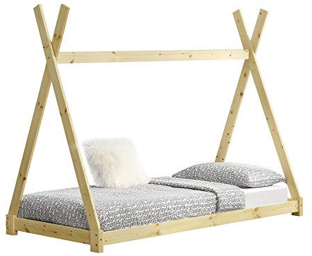 [en.casa] Kinderbett Onejda in Tipi-Design Bodenbett Jugendbett aus Kiefernholz Natur Holz 90 x 200 cm