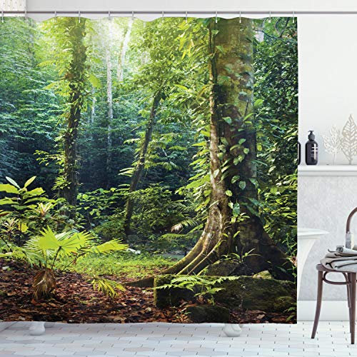 ABAKUHAUS Urwald Duschvorhang, Wilder Efeu auf Bäume, Stoffliches Gewebe Badezimmerdekorationsset mit Haken, 175 x 200 cm, Grün Braun