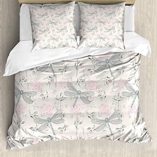 ABAKUHAUS Juego de Cama Shabby Chic para Camas Dobles, Libélula Vintage, Tela de Microfibra Suave, Apta para Todo, Sin Decoloración, Rosa Claro Gris Pálido