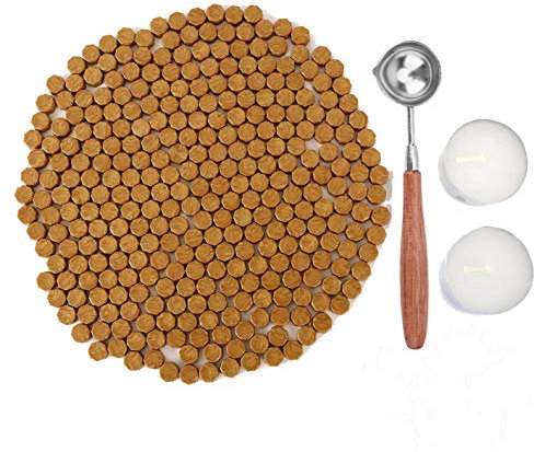 Kelzia Veganes Siegelwachs - Achteckige Siegelwachsperlen mit 2 Teelichtern & 1 Schmelzlöffel, ohne Wachsstempel - Stempelwachs zur Versiegelung & Dekoration von Briefen - 230 Stück (OLD GOLD)