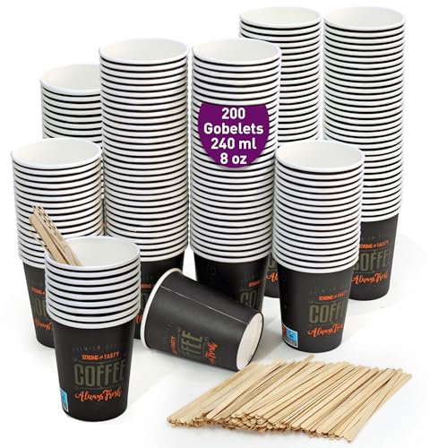 GoBeTree 200 Einweg-Espressotassen aus Pappe 240 ml mit hölzernen Kaffeerührern. Kaffeebecher zum Mitnehmen.
