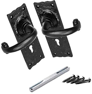 Pair of Black Antique Cottage Handle Lever Locks Hammered Victorian Lever Lock Door Handles Keyholes ON Back Plate with Spindle and Fixing Screws.