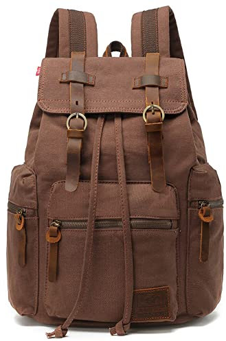 Mochila de lona unisex vintage casual de 17 pulgadas para laptop, mochila escolar, mochila universitaria, bolsa de senderismo, camping, viaje, Café, L, Mochilas Daypack