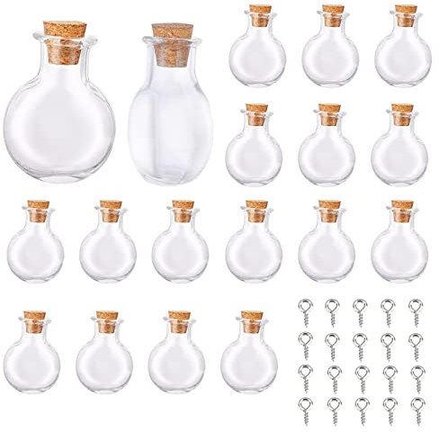 SUNNYCLUE 20Pcs Flat Round Mini Wish Bottles Tiny Glass Bottle Charms with Cork Stoppers Clear Wishing Jar Vial Bottle & 20Pcs Eye Pin Peg Bails for DIY Jewellery Pendants Making Crafts Party Decor