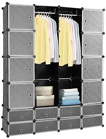 Tubiaz Garderobe 16 Würfel DIY Regalsystem Kleiderschrank mit Tür mit Hammer Schuhablagen aus PP-Kunststoff Mit 2 Kleiderstange für hängende Kleidung 180 x 142 x 37 cm schwarz